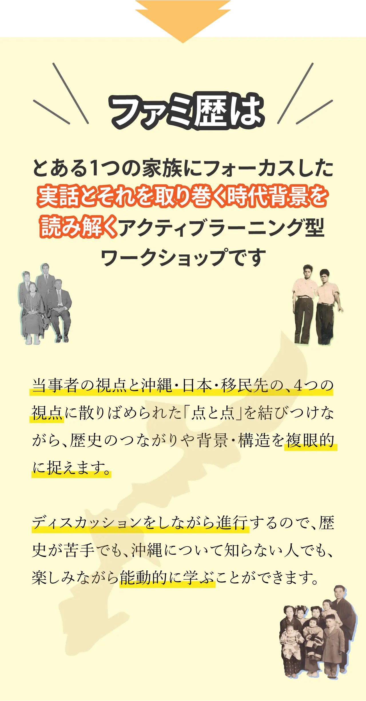 ファミ歴は、とある1つの家族にフォーカスした実話とそれを取り巻く時代背景を読み解く
アクティブラーニング型ワークショップです。当事者の視点と沖縄·日本·移民先の、4つの視点に散りばめられた「点と点」を結びつけながら、歴史のつながりや背景·構造を複眼的に捉えます。ディスカッションをしながら進行するので、歴史が苦手でも、沖縄について知らない人でも、楽しみながら能動的に学ぶことができます。
